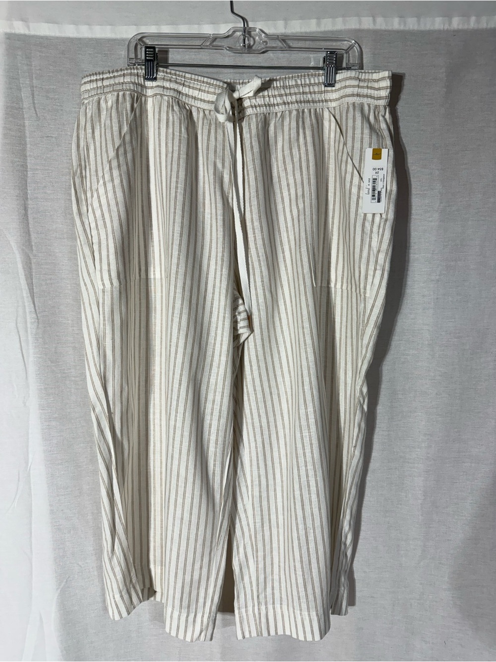 Land & Sea Cream & Tan Stripe Drawstring linen blend pants Sz 2X